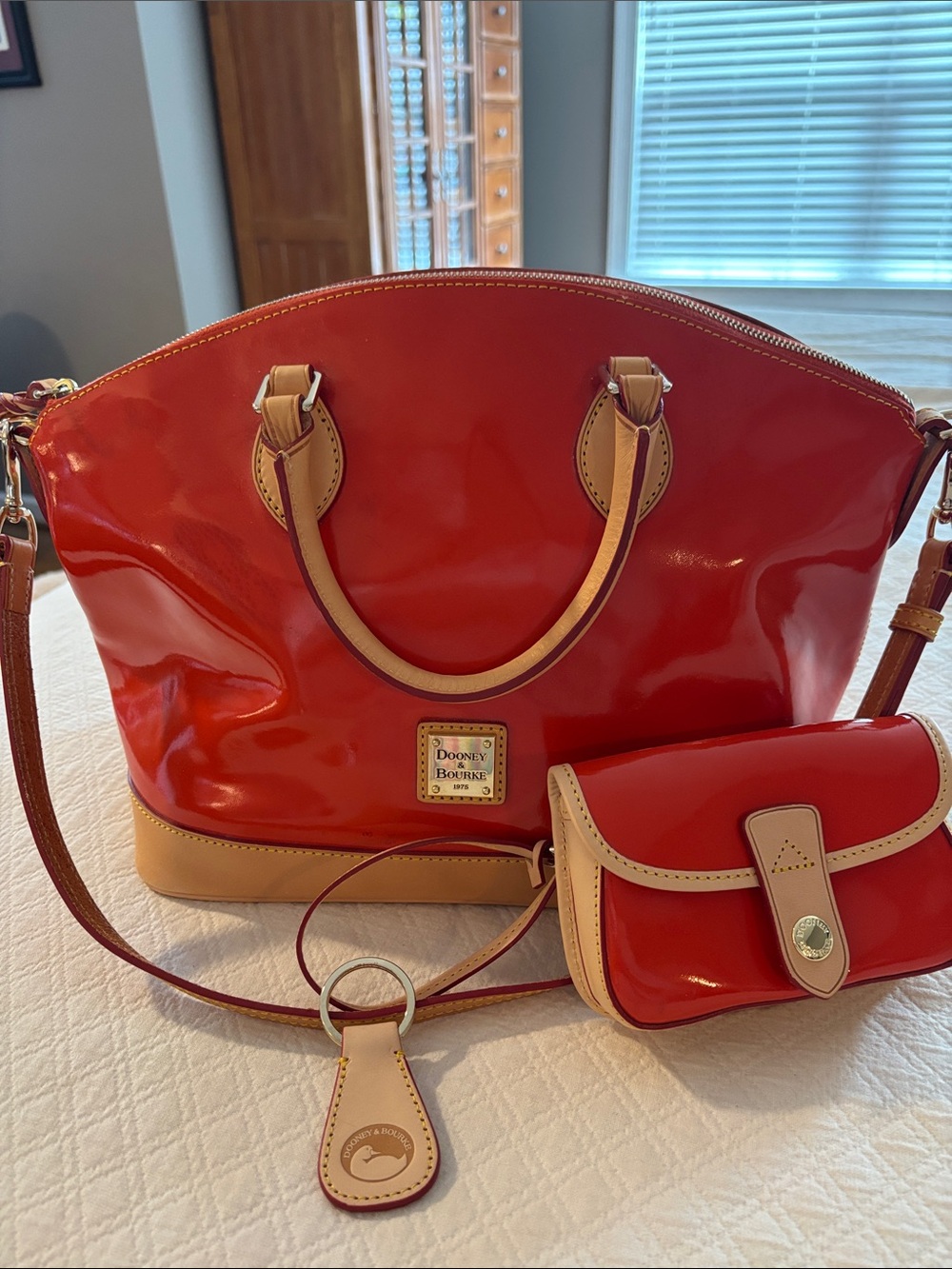 Dooney & Bourke Orange Patent Tote with Matching Wristlet and Key Chain